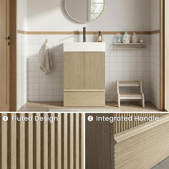 20 inch Bathroom Vanity with White Ceramic Sink, Bath Storage Cabinet with Soft-Closing Door and Drawer, Perfect for Small Space, Powder Room, Hotel, Light Oak