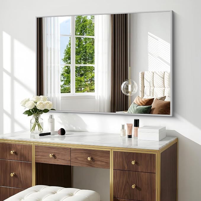 BONEWEI Silver Bathroom Mirror,30x42 inch Wall Mirror for Bathroom Wall Mounted,Rectangle Mirror for Bathroom Over Sink,Modern Metal Frame for Living Room,Bedroom Entryway,Horizontal/Vertical