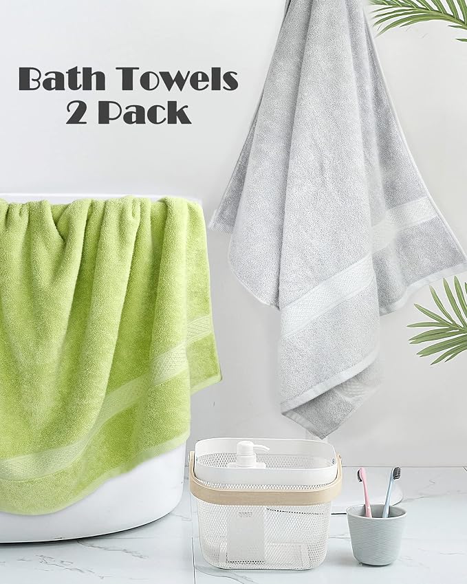 Cleanbear Soft Cotton Towels Bath Shower Towel Set for Body Drying, 2-Pack | 100% Cotton Bath Towels, Thick and Highly Absorbent Bathroom Towels (Grayish-White & Fresh-Green)