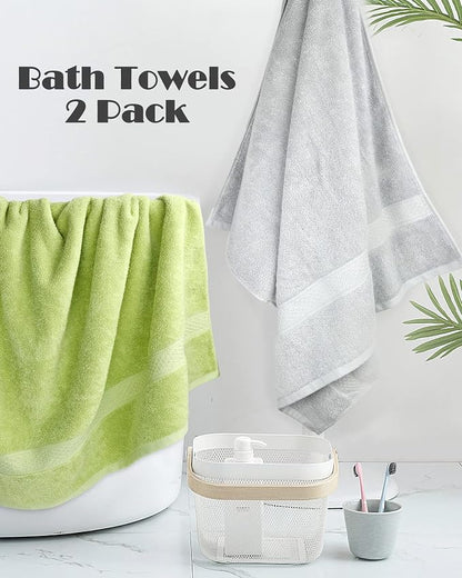 Cleanbear Soft Cotton Towels Bath Shower Towel Set for Body Drying, 2-Pack | 100% Cotton Bath Towels, Thick and Highly Absorbent Bathroom Towels (Grayish-White & Fresh-Green)