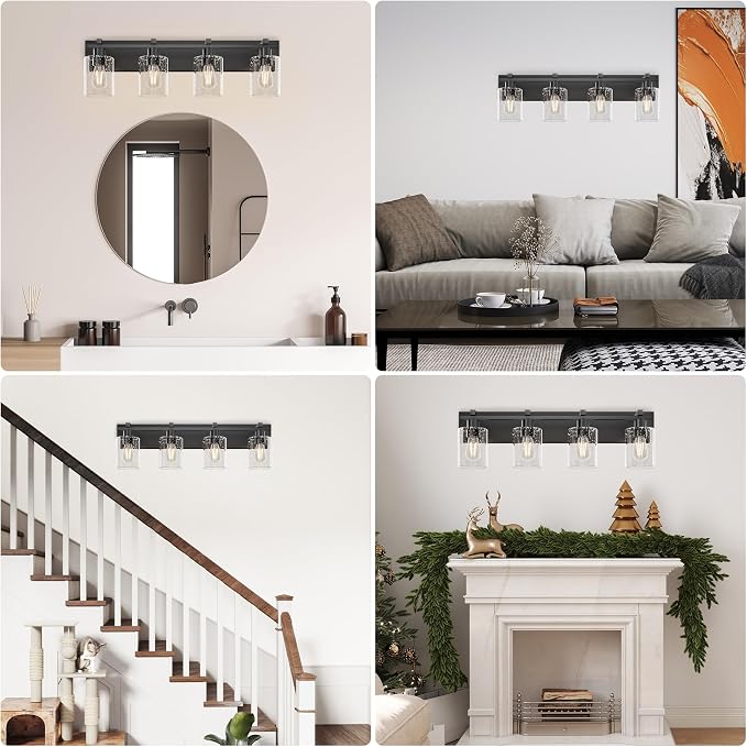 4-Light 30inch Black Vanity Light, Thickened Seeded Glass Shade | Over Mirror for Bathroom, Rust Resistant, E26 Base, Easy Install, Removable Glass Shade Horizontal Mount, Dimmable
