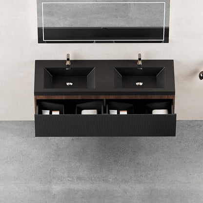 60" Floating Bathroom Vanity with Double Sink, Wall-Mounted Smoked Walnut Storage Cabinet, Wave-Textured Soft-Close Drawer & Matte Black Quartz Sand Basin