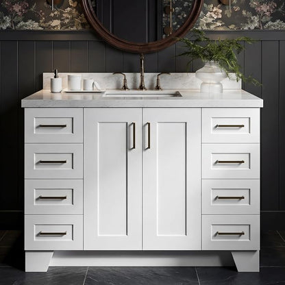 Emilia 48-Inch Bathroom Vanity with Sink — White Single Sink Bathroom Vanity, 1.5" Edge Italian Carrara Marble Top, Solid Wood, 2 Soft Closing Doors, 9 Dovetail Drawers