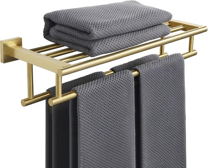 Alise Double Towel Rack for Bathroom Wall Mounted 16 Inch,Gold | Bathroom Tower Holder Towel Shelf with Double Towel Bars,SUS304 Stainless Steel Towel Rack with Shelf for Lavatory Kitchen
