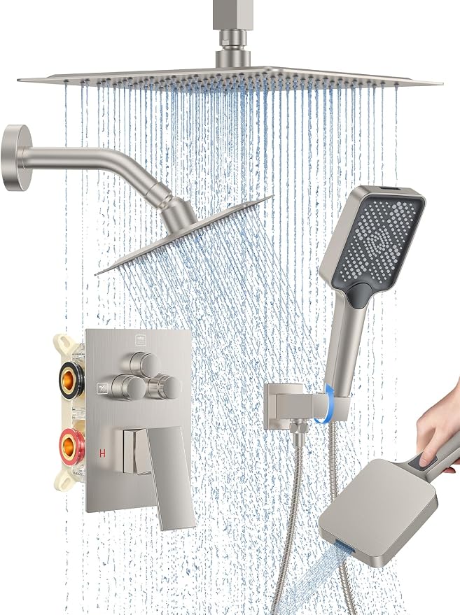 Woindo Shower Faucet Set, 10" Ceiling Mount Rainfall Shower System with 2 Rain Shower Head and Multi-function Handheld Head Push Button Diverter Shower Faucet Trim Kit