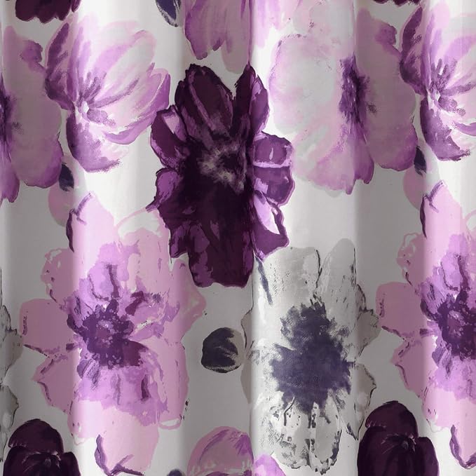 Lush Decor Leah Floral Shower Curtain, 72" W x 72" L, Gray/Purple - Fabric Shower Curtains - Watercolor Botanical Bathroom Curtain - Farmhouse & French Country Decor