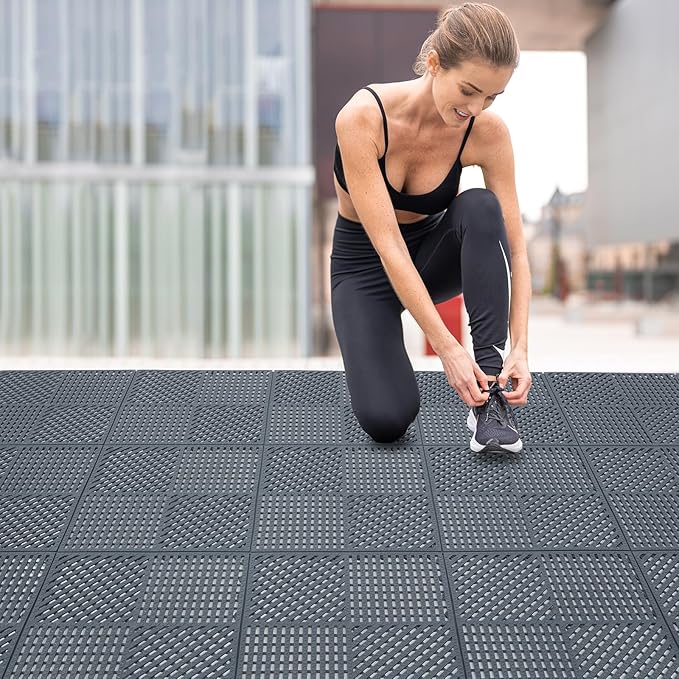 9 Pack Modular Interlocking Outdoor Shower Mat with Drain Holes for Bathroom, Shower, Laundry Room, Basement, Boat, 12" x 12" Dark Gray