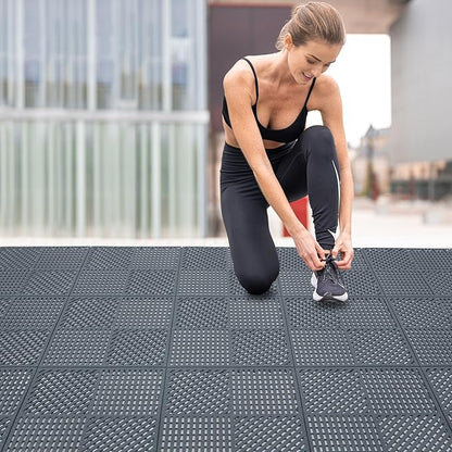 9 Pack Modular Interlocking Outdoor Shower Mat with Drain Holes for Bathroom, Shower, Laundry Room, Basement, Boat, 12" x 12" Dark Gray