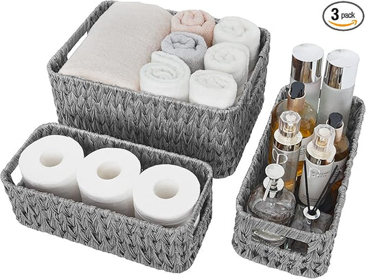 GRANNY SAYS Wicker Baskets for Organizing, Storage Baskets for Shelves, Small Baskets for Counter, Waterproof Storage Basket with Handles, Gray, 3-Pack