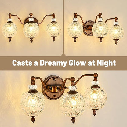 Vintage Bathroom Vanity Light, 3-Light Mid Century Antique Red Bronze Finish Wall Sconce with Globe Glass Shades, Retro Mirror Light for Bathroom, Powder Room