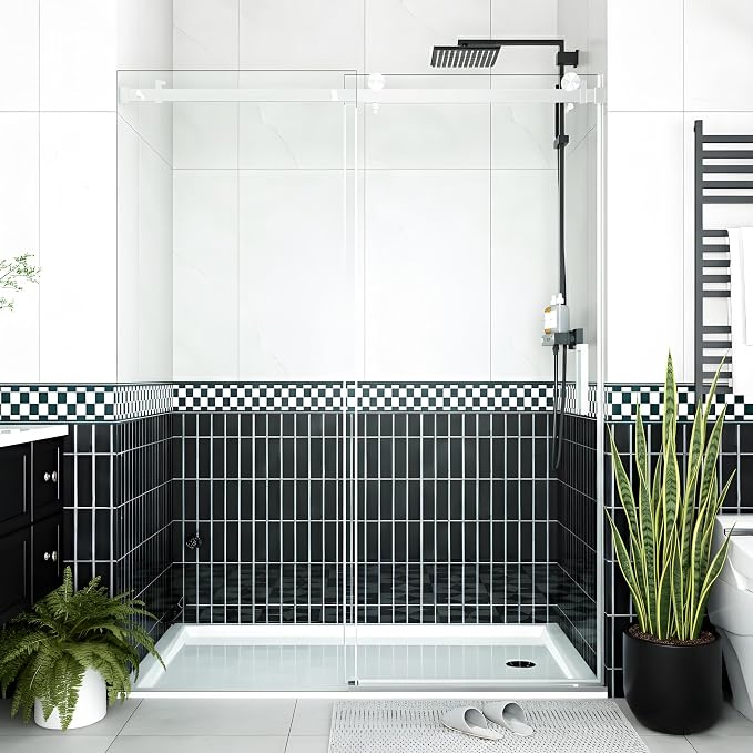 56-60" W x 76" H Frameless Sliding Shower Door, 1/4" (6mm) Tempered Glass with Explosion-Proof Film, Brushed Nickel Bypass Shower Door with Seal Strips
