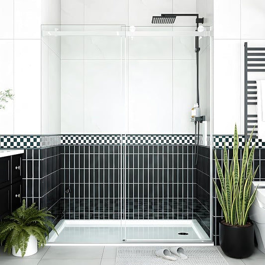 56-60" W x 76" H Frameless Sliding Shower Door, 1/4" (6mm) Tempered Glass with Explosion-Proof Film, Brushed Nickel Bypass Shower Door with Seal Strips