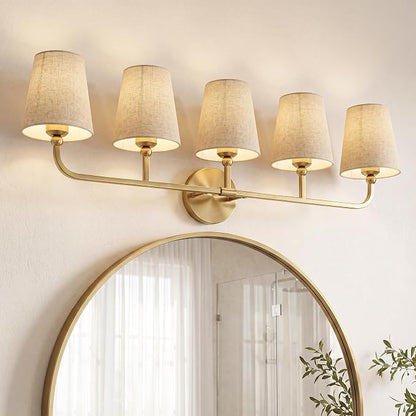 5-Light Brushed Gold Bathroom Vanity Light, Brown Linen Fabric Shade | 35 Inch gold bathroom light fixture over mirror, UL listed, E26 bulbs, hardwired, upward only, VL837-BG-L-5