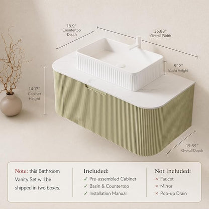 36 Inch Bathroom Vanity with Sink, Floating Wall Mounted Single Sink Vanity, Sage Green Curved Fluted Front, Stone Top, White Textured Rectangular Vessel Basin, Pre-Assembled
