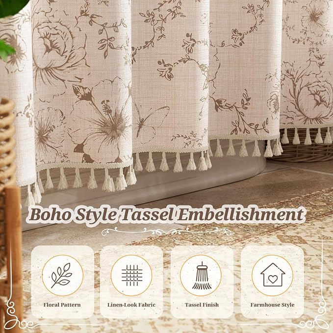 Vintage Beige Floral Shower Curtain with 12 Clear Rings - 72" W x 84" L | Farmhouse Fabric Faux Linen Shower Curtain Set, French Country Cottagecore Style Shower Curtain for Bathroom