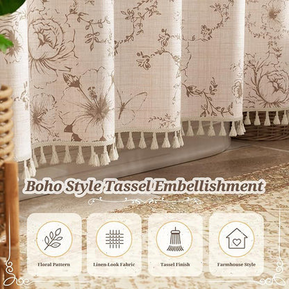 Vintage Beige Floral Shower Curtain with 12 Clear Rings - 72" W x 84" L | Farmhouse Fabric Faux Linen Shower Curtain Set, French Country Cottagecore Style Shower Curtain for Bathroom