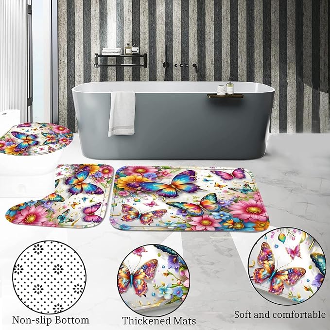Chrainy 4pcs Colorful Butterfly Shower Cutain Set Bathroom Decor with Rugs | Bath Accessories with Waterproof Curtain, Bath Mat, Toilet Lid Cover, U-Shaped Rug and 12 Hooks for Washroom, 71*71in