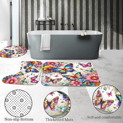 Chrainy 4pcs Colorful Butterfly Shower Cutain Set Bathroom Decor with Rugs | Bath Accessories with Waterproof Curtain, Bath Mat, Toilet Lid Cover, U-Shaped Rug and 12 Hooks for Washroom, 71*71in