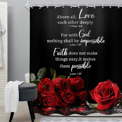 Black Red Rose Floral Christian Women Vintage Bathroom Shower Curtain Set | 60"W x 72"H Flower Inspirational; waterproof HD print, quick-dry fabric and plastic hooks for easy setup.