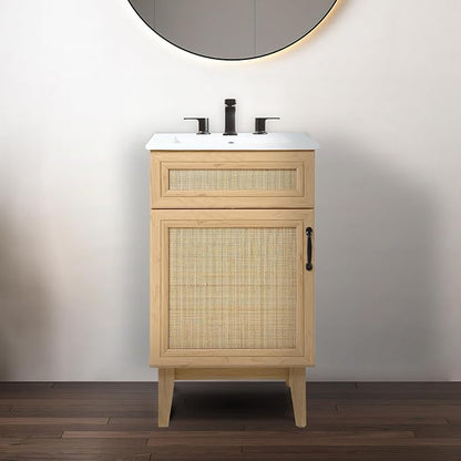 JONATHAN Y Javer Bohemian Rattan Freestanding Bath Vanity, 20", Oak | 18" Deep, 33" High, Single Soft-Close Door, Caned Paneling, 2-Shelf Storage, Basin Not Included, Modern Farmhouse Style