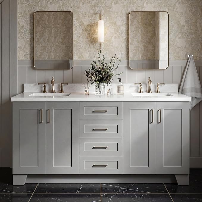 DKB Emilia 72 Inch Bathroom Vanity Double Sink — Grey Bathroom Vanity with Sink, 1.5" Edge Italian Carrara Marble Countertop & Backsplash, 4 Soft-Close Doors, and 6 Dovetail Drawers