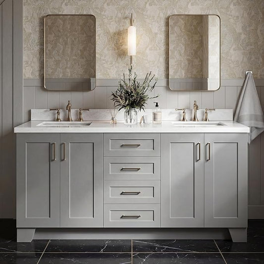 DKB Emilia 72 Inch Bathroom Vanity Double Sink — Grey Bathroom Vanity with Sink, 1.5" Edge Italian Carrara Marble Countertop & Backsplash, 4 Soft-Close Doors, and 6 Dovetail Drawers
