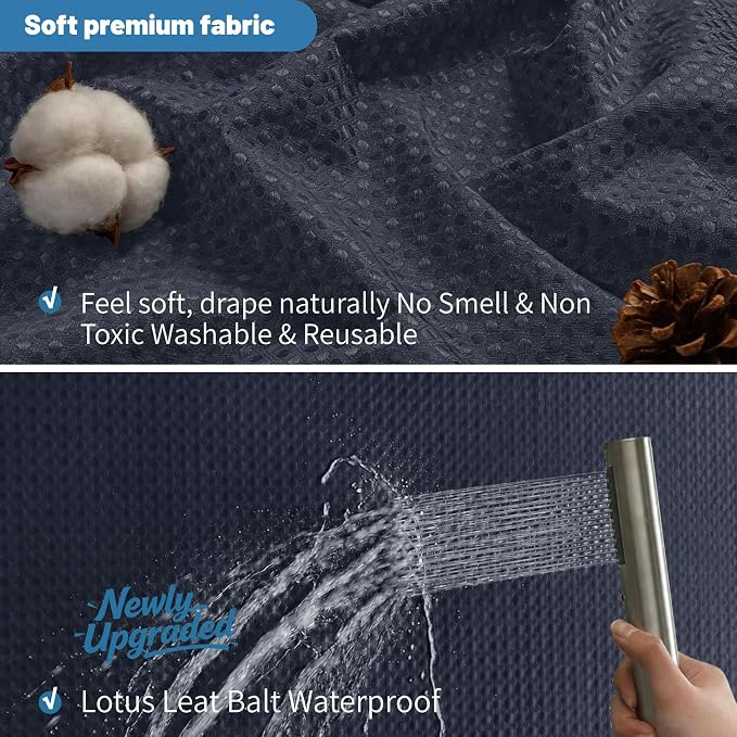 2-in-1 Waterproof Fabric Shower Curtain - No Separate Liner Needed, Hotel-Style Waffle Weave, Effortless Cleaning & Washable Bathroom Shower Curtain Set,72Wx78H,Navy Blue