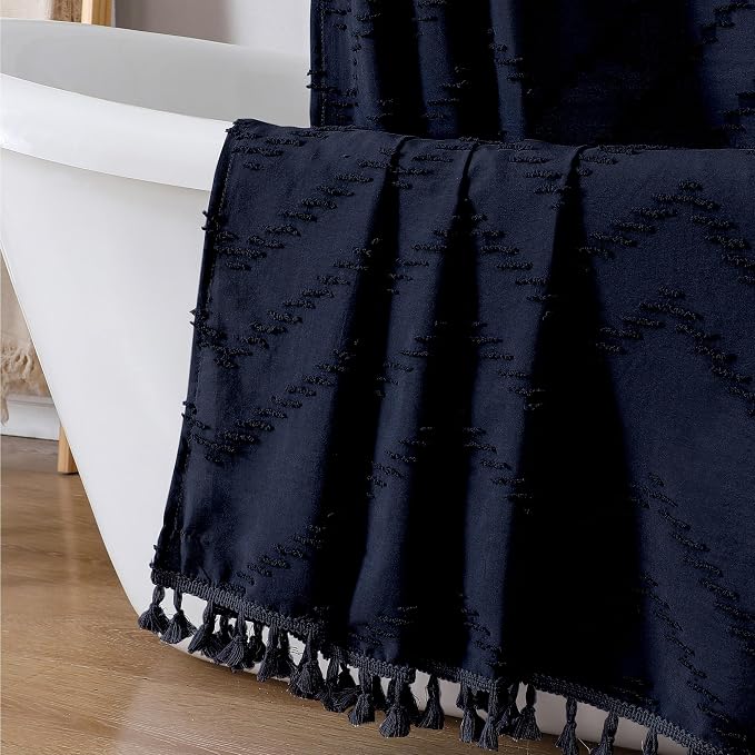 Extra Long Navy Blue Boho Shower Curtain, Chic Tufted Chevron Striped Textured Fabric Cloth Shower Curtains with Tassel for Bathroom, Soft Hotel Style Farmhouse, Machine Washable, 72x84