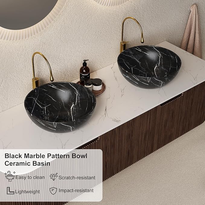 60" Floating Bathroom Vanity with Sink, Wall-Mount Cabinet with 2 Large Storage Drawer, 2 Black Bowl Ceramic Basins and Marble Top, Soft-Close Design, Dark Walnut
