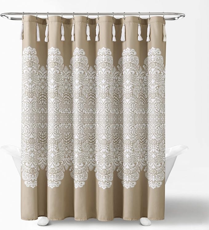 Lush Decor Boho Medallion Shower Curtain Single 72" W x 72" L Neutral - Boho Shower Curtains for Bathroom Decor - Beige Bathroom Curtain