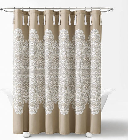 Lush Decor Boho Medallion Shower Curtain Single 72" W x 72" L Neutral - Boho Shower Curtains for Bathroom Decor - Beige Bathroom Curtain