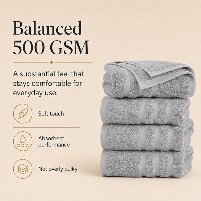 Velqora Bath Towels, 4 Pack, 30x60 in, 100% Cotton, Soft, Light Gray | Absorbent Terry | Balanced Weight | Easy Care