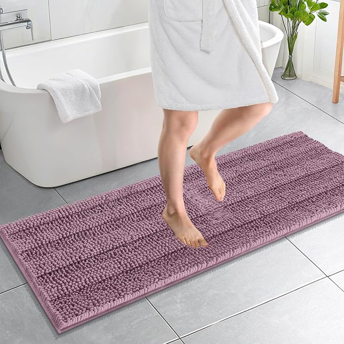 OLANLY Thick Bathroom Runner Rugs 59x20, Soft Chenille Bath Rugs, Deep Plum | Absorbent Striped, Rubber Backing, Machine Wash, Long Bath Mats for Bathroom Floor, Tub and Shower, Home Decor Accessories
