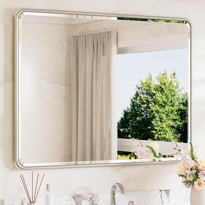 Brushed Nickel Mirrors for Wall 40 x 30 Beveled Edge Tempered Glass, Rounded Corner Rectangle Framed Mirror for Modern Bathroom, Living Room, Bedroom, Entryway