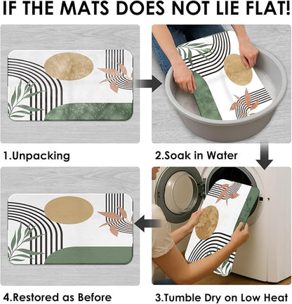 Bathroom Sets with Shower Curtain and Rugs, 4 Pcs, Boho Green | Minimalist Modern Abstract Bathroom Decor Set with Toilet Lid Cover, Non-Slip Bath Mats and 12 Hooks
