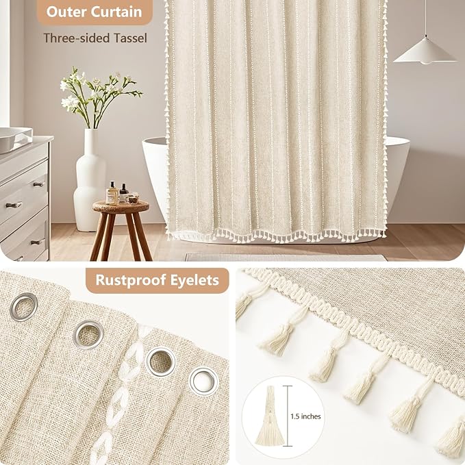 Seenus Boho Farmhouse Shower Curtain and Fabric Liner Set, Heavyweight Linen Textured Fabric Shower Curtain Beige with Tassels, 2 in 1 Waterproof Fabric Shower Curtain Set for Bathroom, 72x72 Inch
