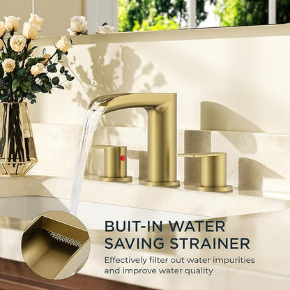 FORIOUS Gold Bathroom Faucet, Waterfall Bathroom Faucet for Sink 3 Hole with Easy Install Pop-Up Drain and Water Supply, 8 Inch Widespread for Vanity, Camper,Restroom