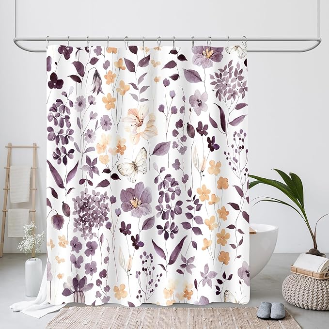 Plum Floral Shower Curtain, Cute Flower Fabric Shower Curtains for Bathroom, Watercolor Wildflower Butterfly Cloth Shower Curtain Set with Hooks, 72x72