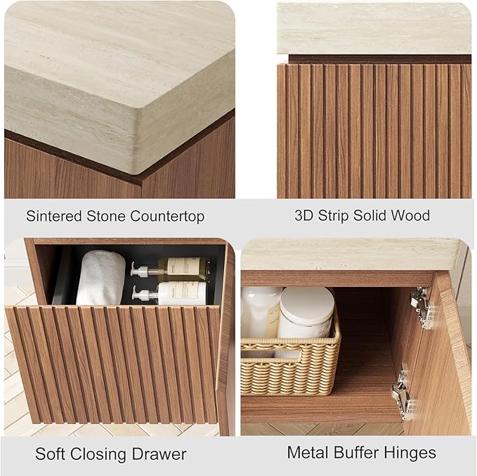 Ambrovina 48" Floating Bathroom Vanity with Sink, Modern Plywood Bathroom Storage Cabinet with Drawer and 2 Door, Roma Travertine Sintered Stone Countertop with Ceramic Basin, Pre-Assembled, Dark Oak