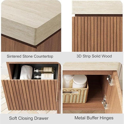 Ambrovina 48" Floating Bathroom Vanity with Sink, Modern Plywood Bathroom Storage Cabinet with Drawer and 2 Door, Roma Travertine Sintered Stone Countertop with Ceramic Basin, Pre-Assembled, Dark Oak