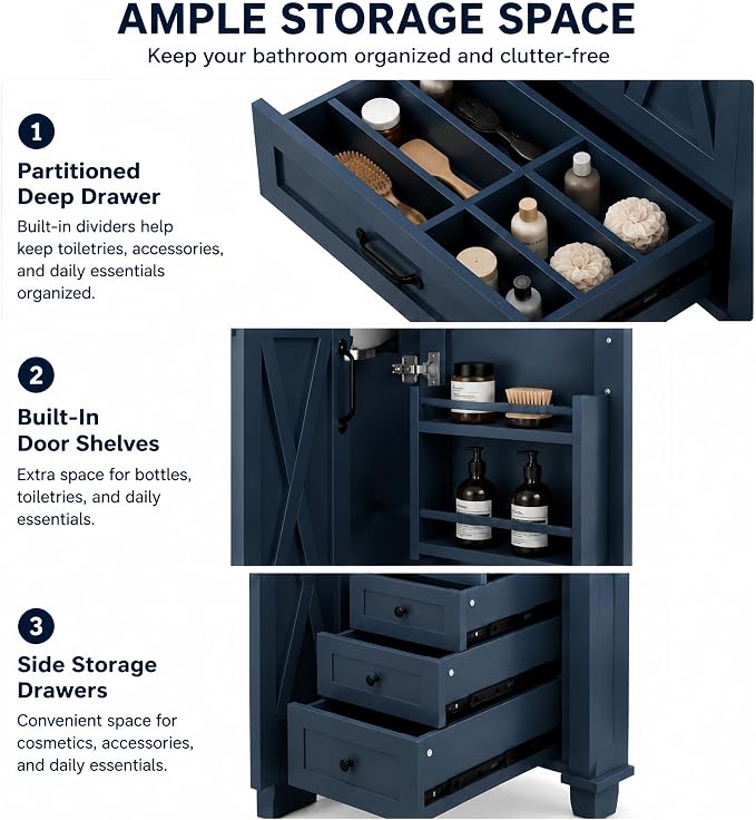 Bellemave 36" Bathroom Vanity with Sink, Bathroom vanities, Green Bathroom Vanity with Drawers, Sink Cabinet, Navy Blue, 36"