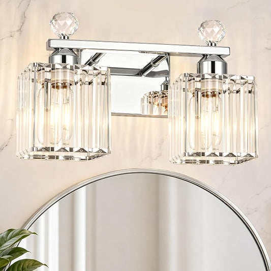 Lxybcce Modern 14In 2-Lights Bathroom Vanity Light, Crystal Bathroom Light Fixtures, Chrome Vanity Light Fixtures Over Mirror, Easy Installation & Shadow-Free Illumination for Bathroom Mirror Decor
