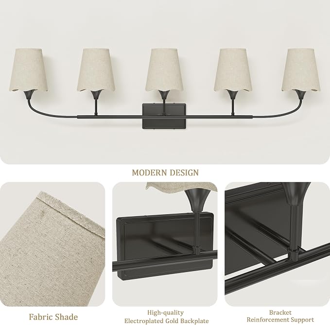 Morauroral Bathroom Light Fixtures Over Mirror, 5 Light Vanity Light for Bathroom, Black Vanity Light Fixtures with Fabric Linen Shade, E26 Socket Sconce Wall Decor(ETL Listed)