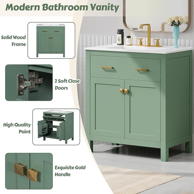 Harper & Bright Designs 60" Bathroom Vanity Set with Double Sink, Vanity Cabinet with Flip Drawer, 2 Doors, and Adjustable Shelf, Solid Wood Bathroom Cabinet with Ceramic Basin for Bathroom, Green