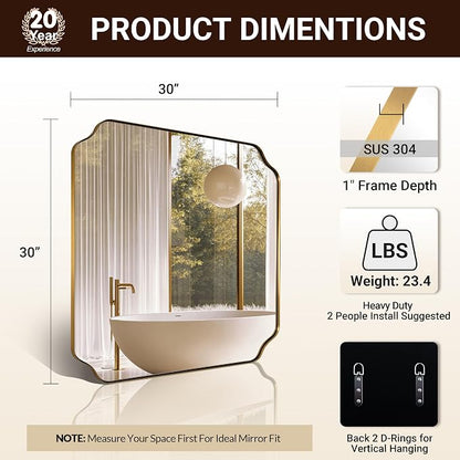 30"x30" Square Bathroom Mirror, Brushed Gold Scalloped Mirror for Wall, Antique Brass Mirror with Designer-Crafted Rounded Notched Corners, Ideal for Home Remodel
