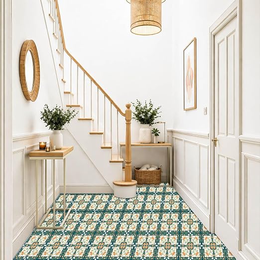 Teal Orange Floral Peel and Stick Floor Tiles 12x12 Inch 10PCS | Teal orange cream floral geometric pattern vinyl floor stickers for kitchen bathroom entryway and indoor home decor