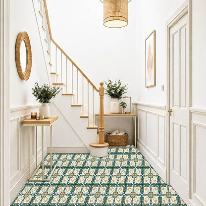 Teal Orange Floral Peel and Stick Floor Tiles 12x12 Inch 10PCS | Teal orange cream floral geometric pattern vinyl floor stickers for kitchen bathroom entryway and indoor home decor