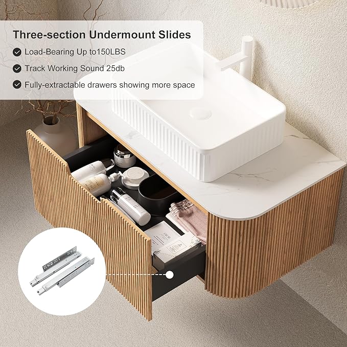 36'' Floating Bathroom Vanity with Sink, Modern Vanities with Rectangular Ceramic Basin and Marble Top, Extra Large Storage Drawer, Soft-Close Design, Pre-Assembled Cabinet, Nature Wood