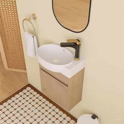 16 inch Floating Bathroom Vanity with Sink, 16'' Wall-Mount Single Sink Vanity with Soft-Close Door & White Ceramic Top, for Small Space, Modern Bathroom Storage Cabinet (029-16IMOX)