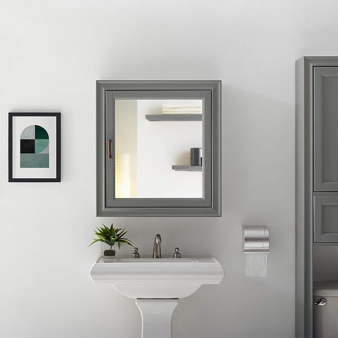 Crosley Furniture Tara Wall Mounted Bathroom Mirror and Medicine Cabinet, Vintage Gray